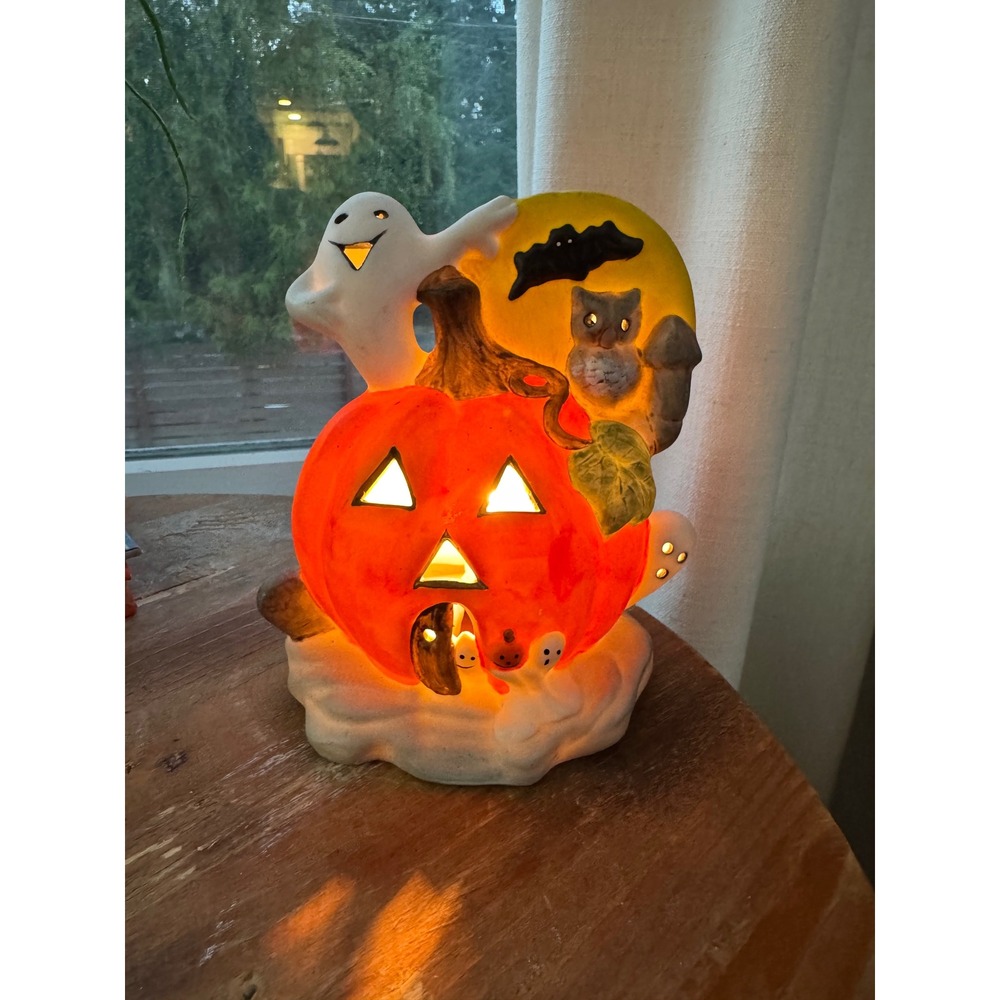 Vintage Ceramic Halloween Jack O Lantern Ghost Owl Bat Light Up Decor